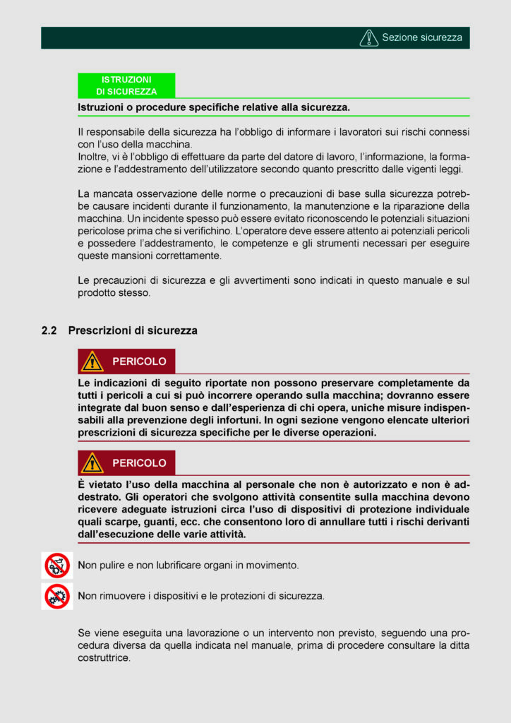 Pagina tipo sezione sicurezza manuale uso manutenzione